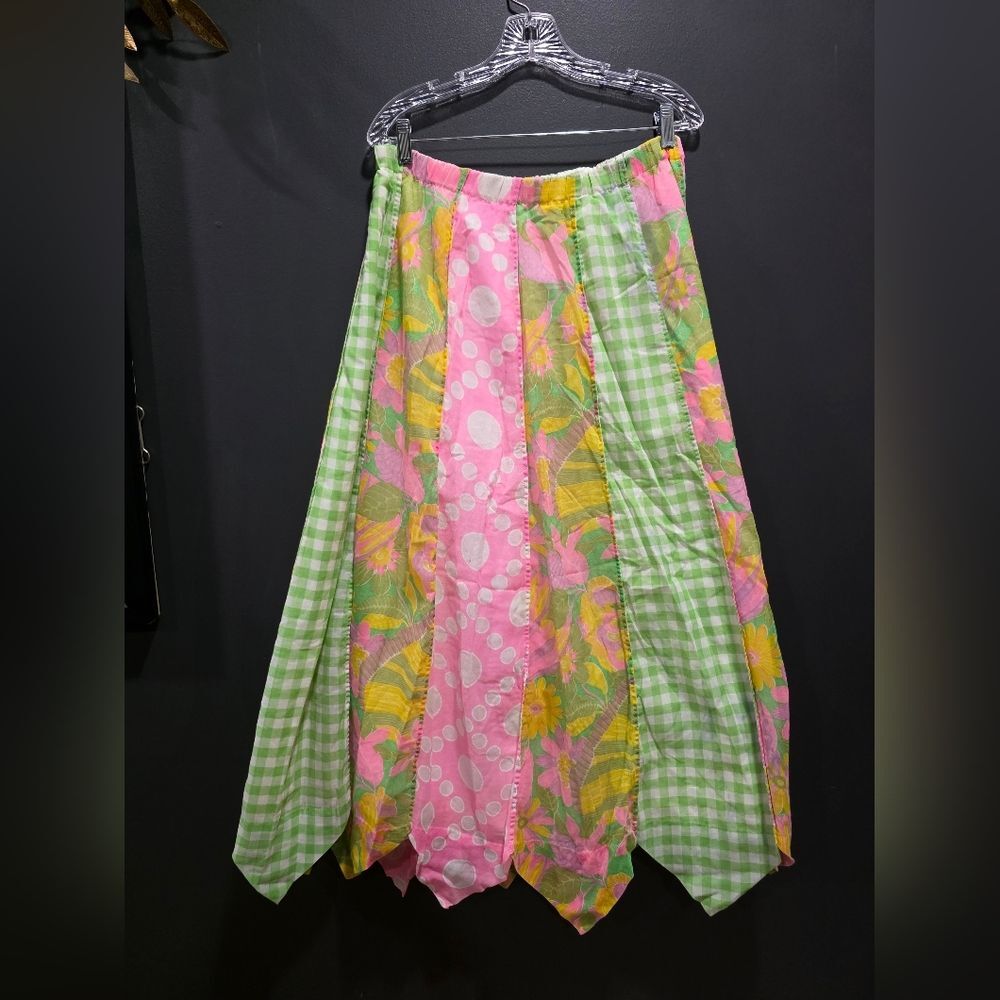 Vtg Patchwork Pastal Hankerchief Hem Long Skirt Chessa Davis Gingham Floral Dots